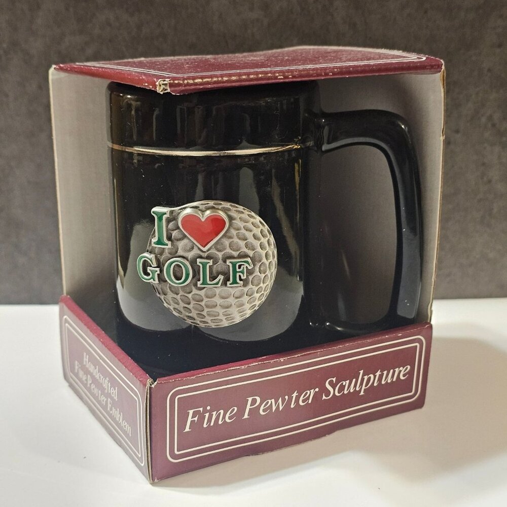 Vtg 1999 Right Hand Black Ceramic I Love Golf Tankard Mug Pewter Golf Ball 3D